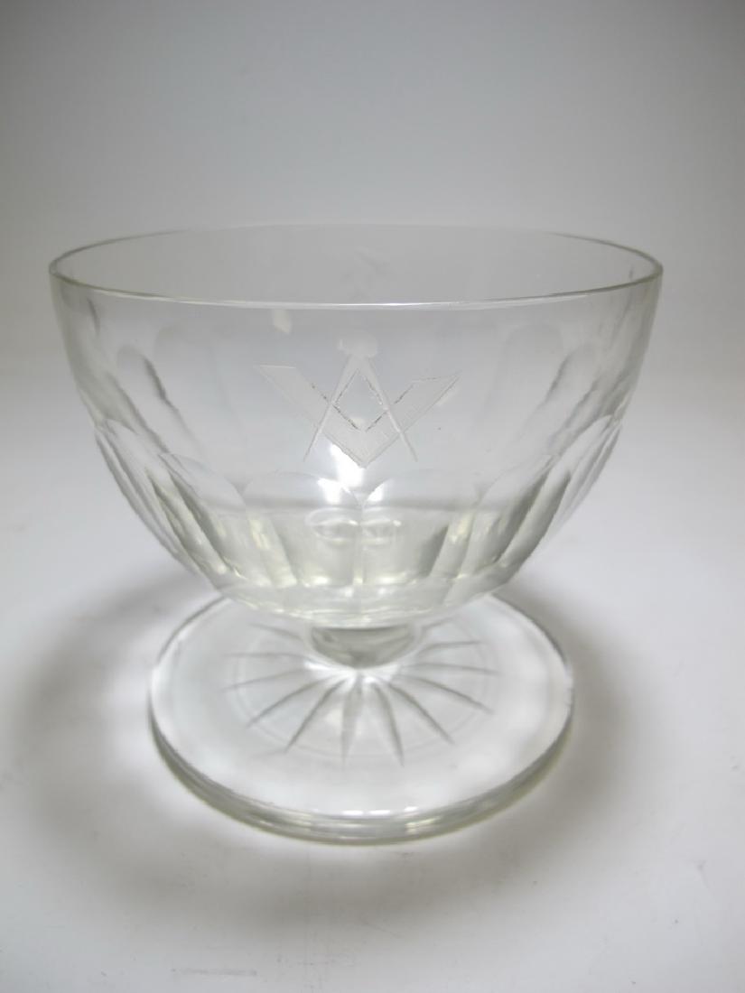 Victorian Masonic glass bowl: Victorian glass bowl. Engraved Masonic symbols. Short stem. 4 5/8" H x 5 1/4" W. Shipping in USA or International please contact both UPS stores for quote: James Lawrence, UPS Store 4356, 954-463-0444