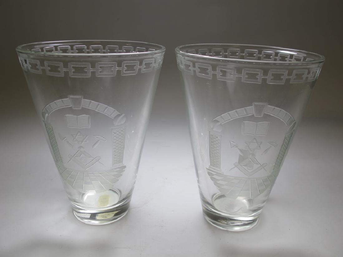 Pair of Masonic engraved glass vases: Pair of glass vases, bowls engraved with Freemasonry symbols and chain of union in the rim. 6 5/8" H x 5" W. Shipping in USA or International please contact both UPS stores for quote: James Lawrence, 