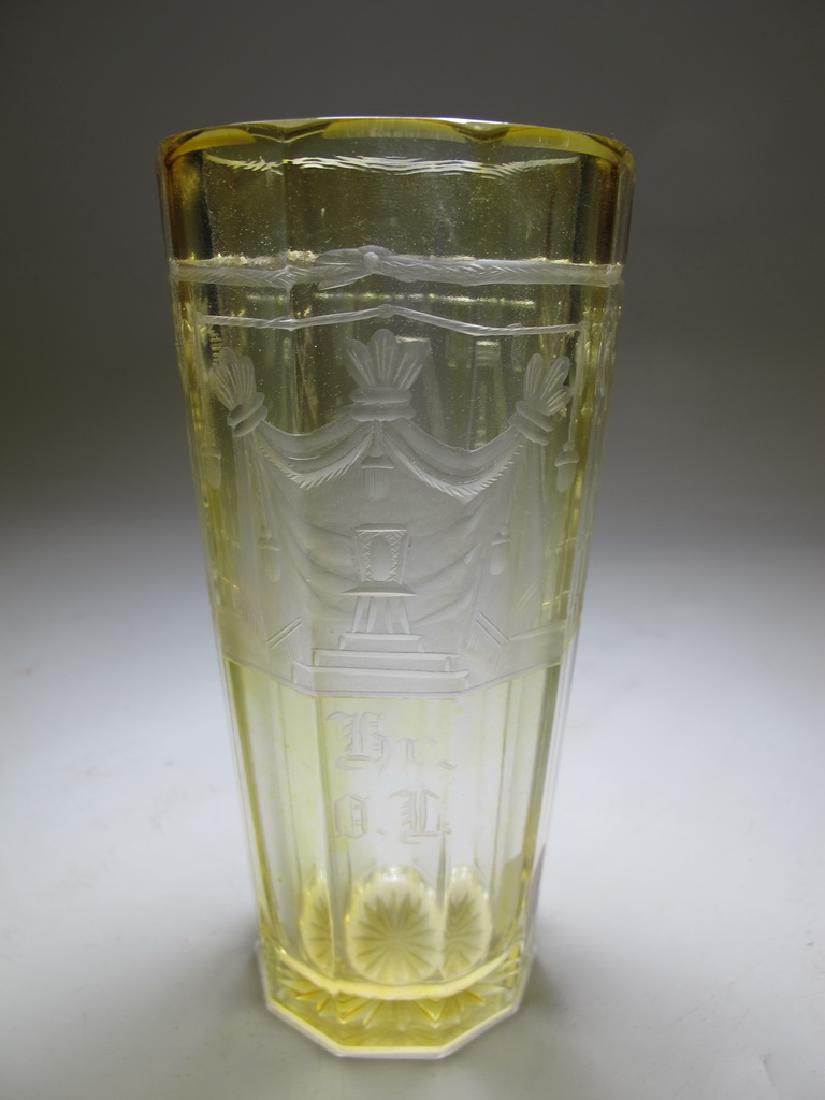 Antique Bohemian amber tall glass: Antique Bohemian amber tall glass engraved with Masonic symbols and the letters "œBr. O. L.". Panel cut bowl of ten sides. 6 1/4" H x 3 1/8" W. Shipping in USA or International please contact both UP