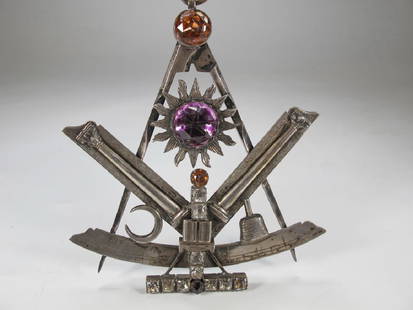 Antique large Masonic silver & glass compass jewel: 236-L166 Antique large Masonic silver and glass stones set square and compass jewel, 19th century, Masonic emblems and color stones. Engraved "To the Honorable Captain Jocelyn a token of brotherly