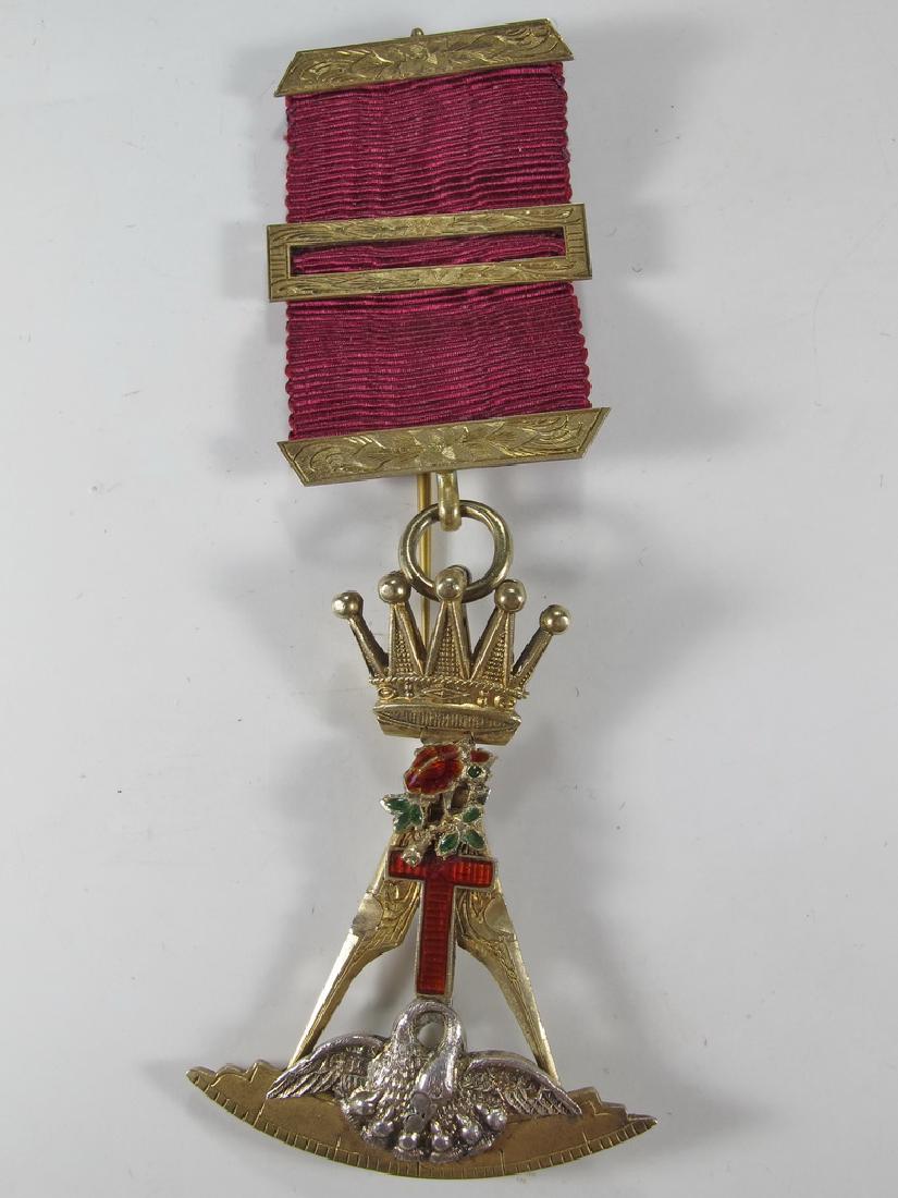 Antique Masonic G. Kenning gold over 800 silver jewel: Antique Masonic G. Kenning gold over 800 silver jewel. 18th Degree Rose Croix jewel. Enamel accents. Total weight: 19.7 grams (0t oz 12.66739 dwt). 4" H x 1 5/8" W. Shipping in USA or International pl