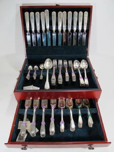 Tiffany & Co antique sterling 113 pcs flatware: Tiffany & Co antique sterling 113 pcs flatware, marked. Weight: 174t oz 2.568915 dwt). Box: 5 3/4" H x 14 7/8" W x 10 7/8" D. Shipping in USA or International please contact both UPS stores for