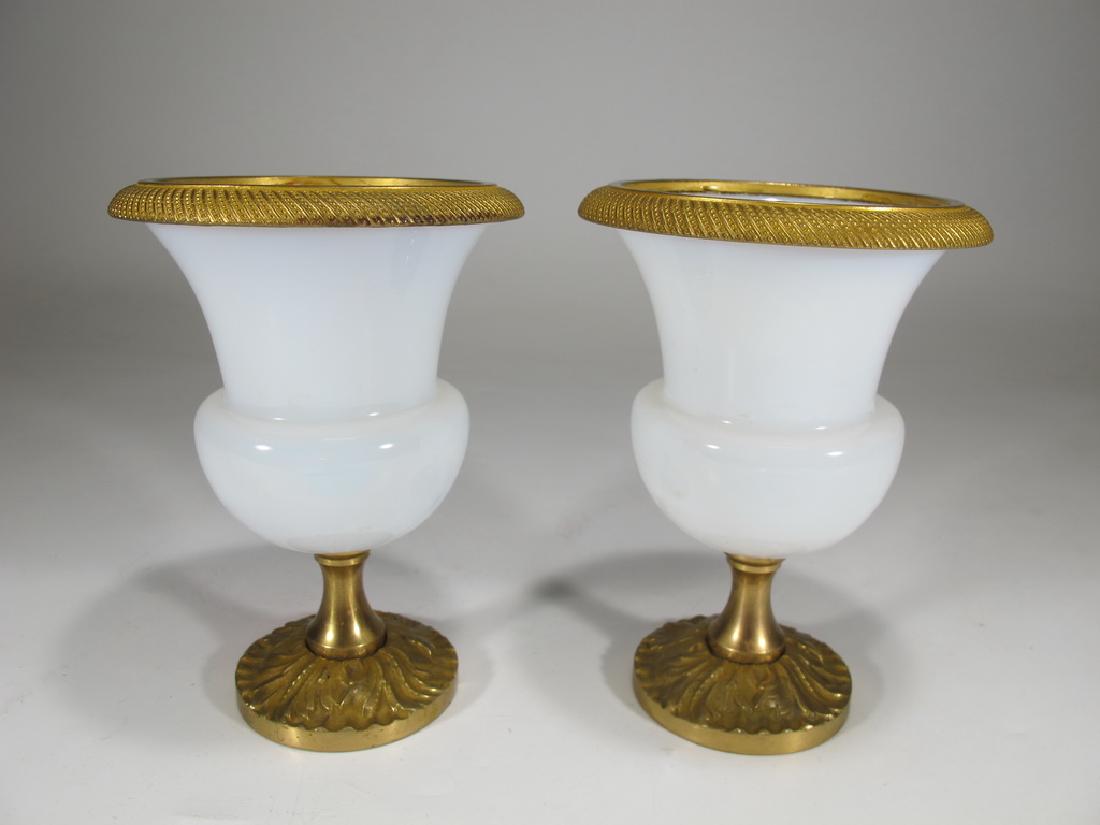 Antique French pair of gilt bronze & opaline glass urns: Antique French pair of gilt bronze & opaline glass urns. 5 1/8" H x 3 1/2" W.Shipping in USA or International please contact both UPS stores for quote: James Lawrence, UPS Store 4356, 954-463-0444, Fl