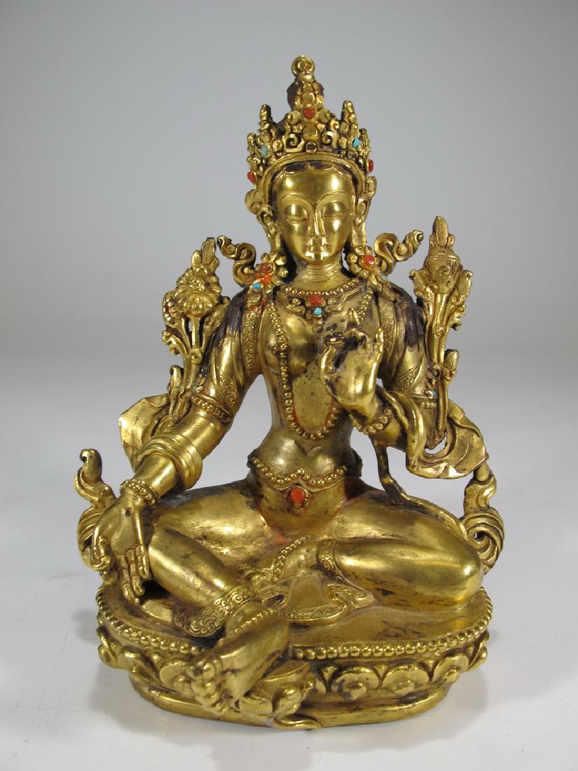 Antique Tibetan gilt bronze statue with turquoise & (1 of 7)