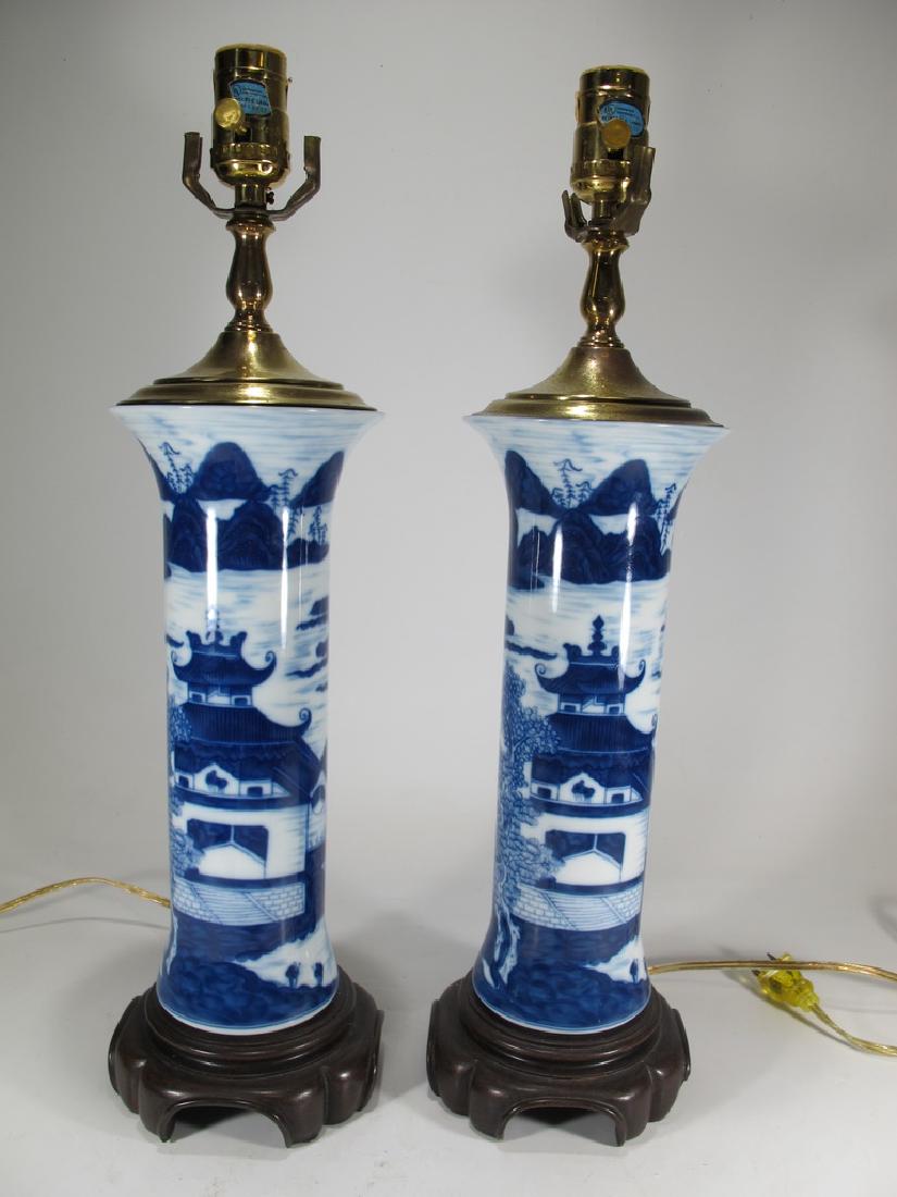 Mottahedeh pair of blue canton reproduction lamps: Mottahedeh pair of blue canton reproduction lamps with a wood base. 19" H x 5" W total, 13" H just the base. Shipping in USA or International please contact both UPS stores for quote: James Lawrence, 