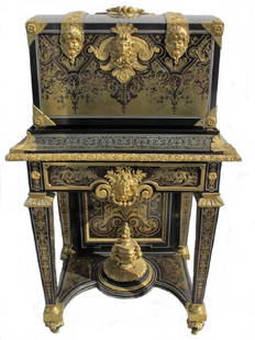 A Napoleon III ormolu-mounted 'Boulle' coffer on stand: 1A Napoleon III ormolu-mounted 'Boulle' coffer on stand, after the model by Andre Charles Boulle. 47 1/2" H x 28 1/2" W x 21" D. Shipping in USA or International please contact both UPS stores for