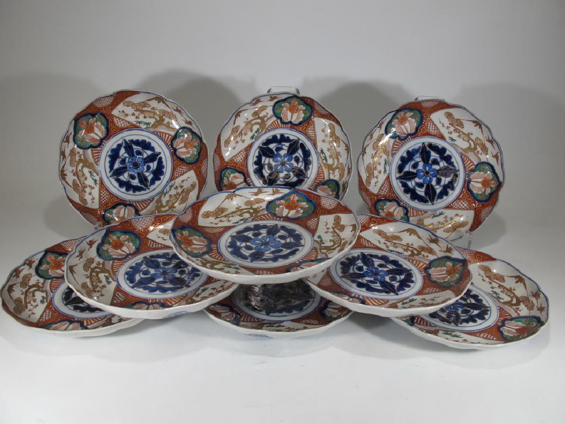 Antique Japanese Imari set of 9 porcelain plates: Antique Japanese Imari set of 9 porcelain plates. 1 3/8" H x 8 3/8" W. Shipping in USA or International please contact both UPS stores for quote: James Lawrence, UPS Store 4356, 954-463-0444, FloridaU
