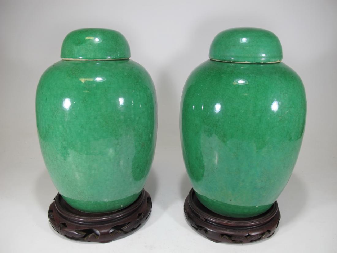 Antique Chinese Green Crackle Glaze pair of Ginger Jars (1 of 7)