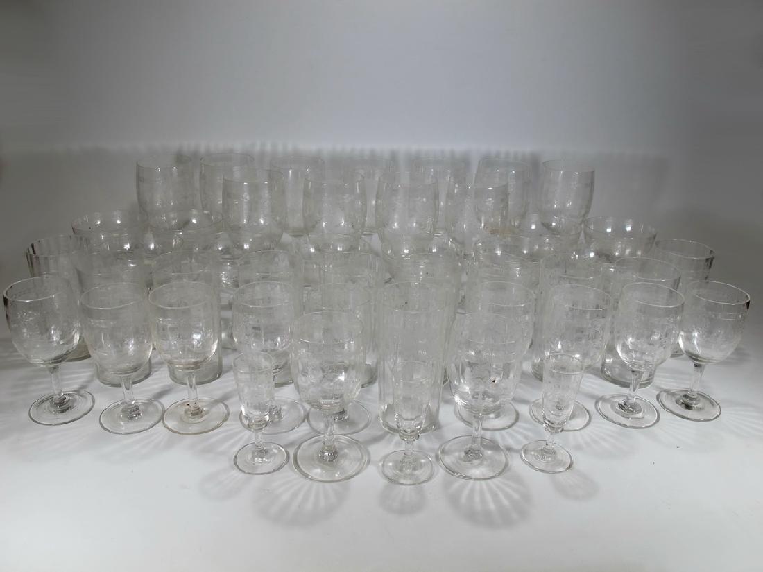 Vintage French set of 46 glasses: Vintage French set of 46 glasses. 11 wine glasses, 10 champagne glasses, 11 water glasses, 11 liquor glasses and 3 small glasses. Shipping in USA or International please contact for quote: James Lawre