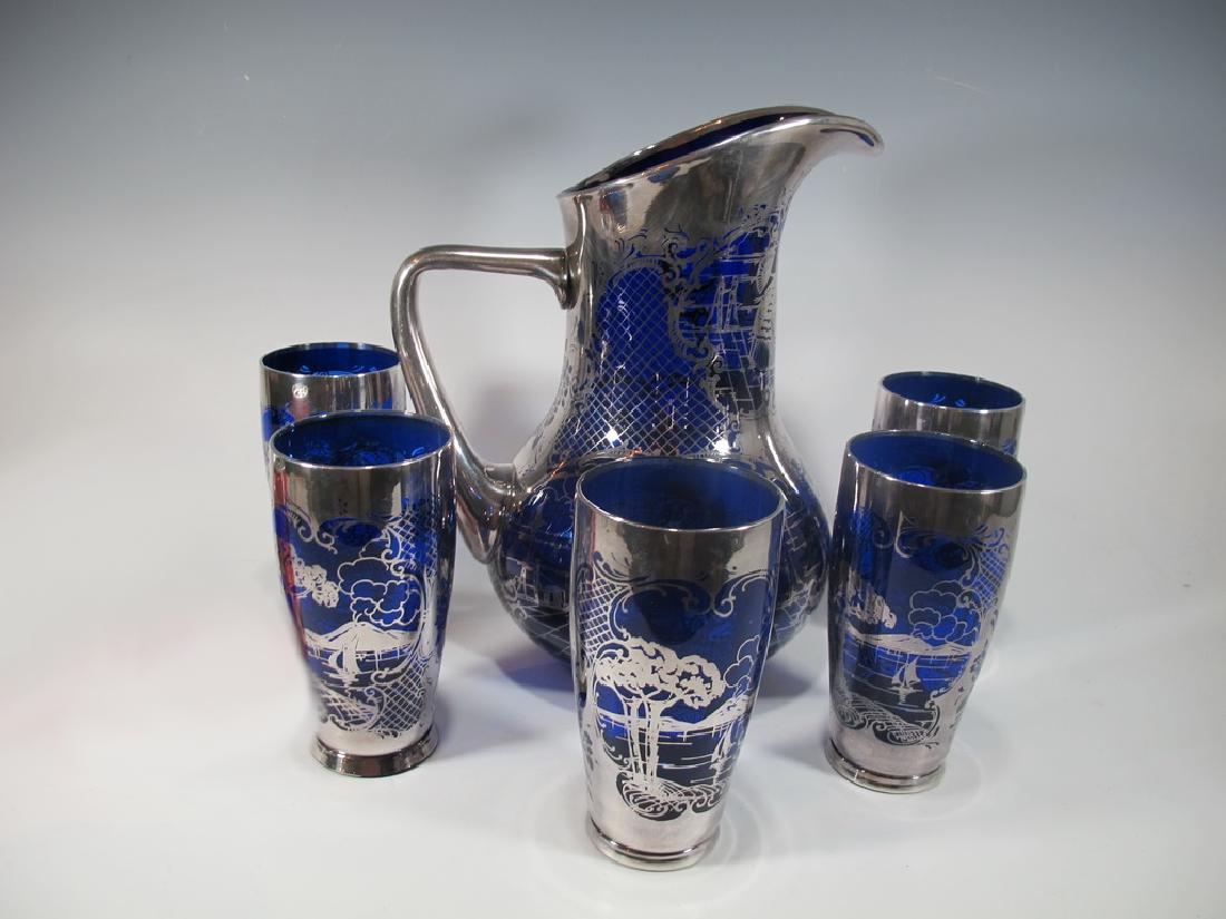 Set of 5 Glass and Pitcher with Silver Overlay (1 of 8)