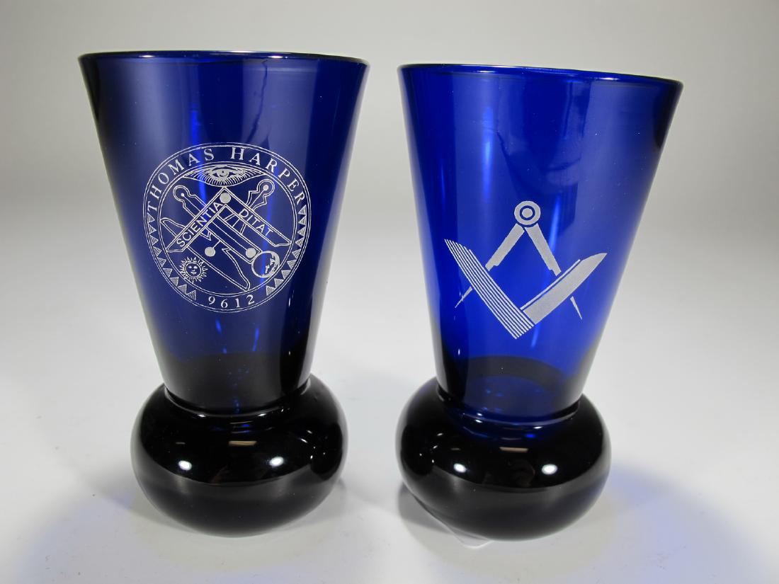 Pair of Masonic blue firing glasses: Pair of Masonic blue firing glasses. 4 5/8 in H x 2 1/2 in W. Shipping in USA or International please contact both UPS stores for quote: James Lawrence, UPS Store 4356, 954-463-0444, FloridaUPS@gmail.