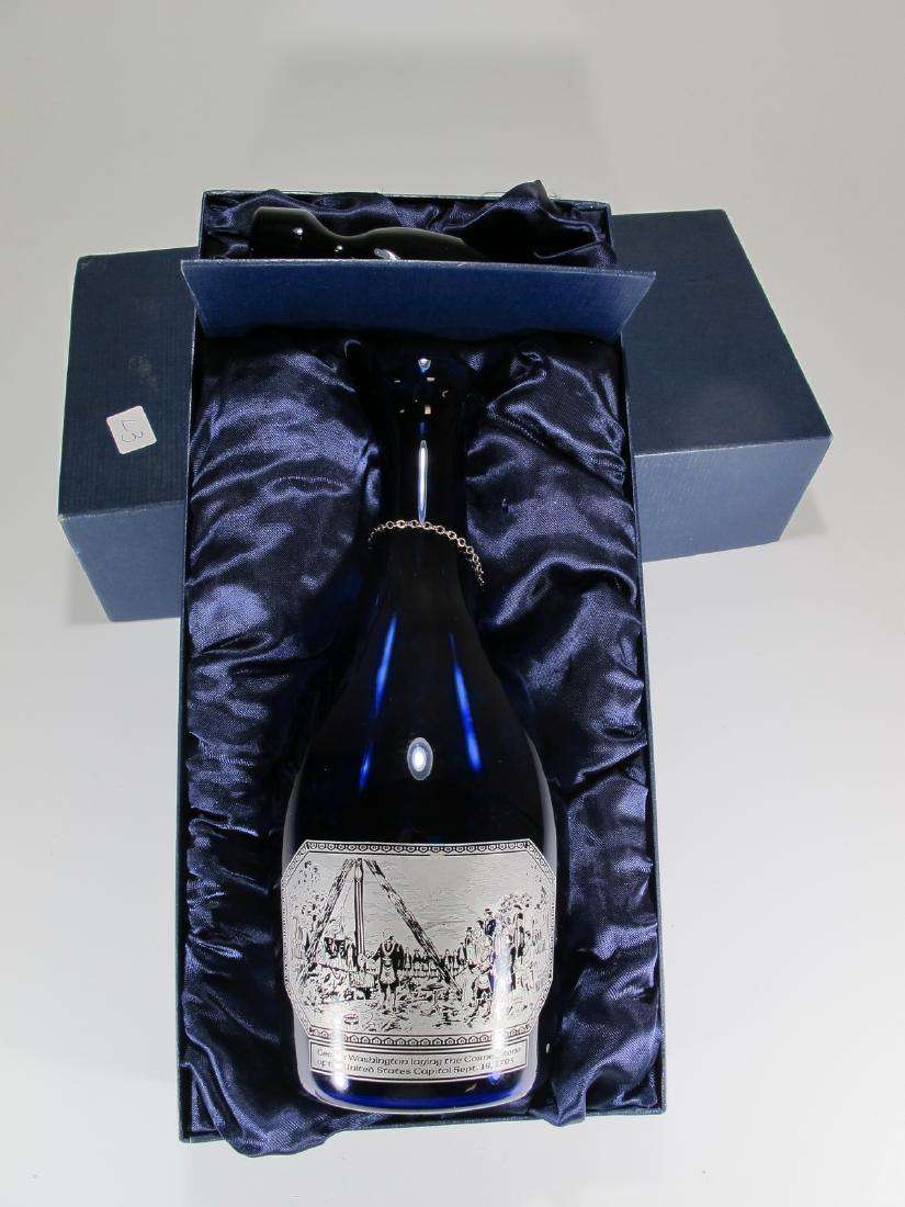 Handmade English Masonic Wine decanter Bristol Blue: Handmade English Masonic Wine decanter Bristol Blue. The engraving: The laying of the Cornerstone of the Capitol, September 18, 1793, is carved on a silver leaf compound only suitable for hand cleanin