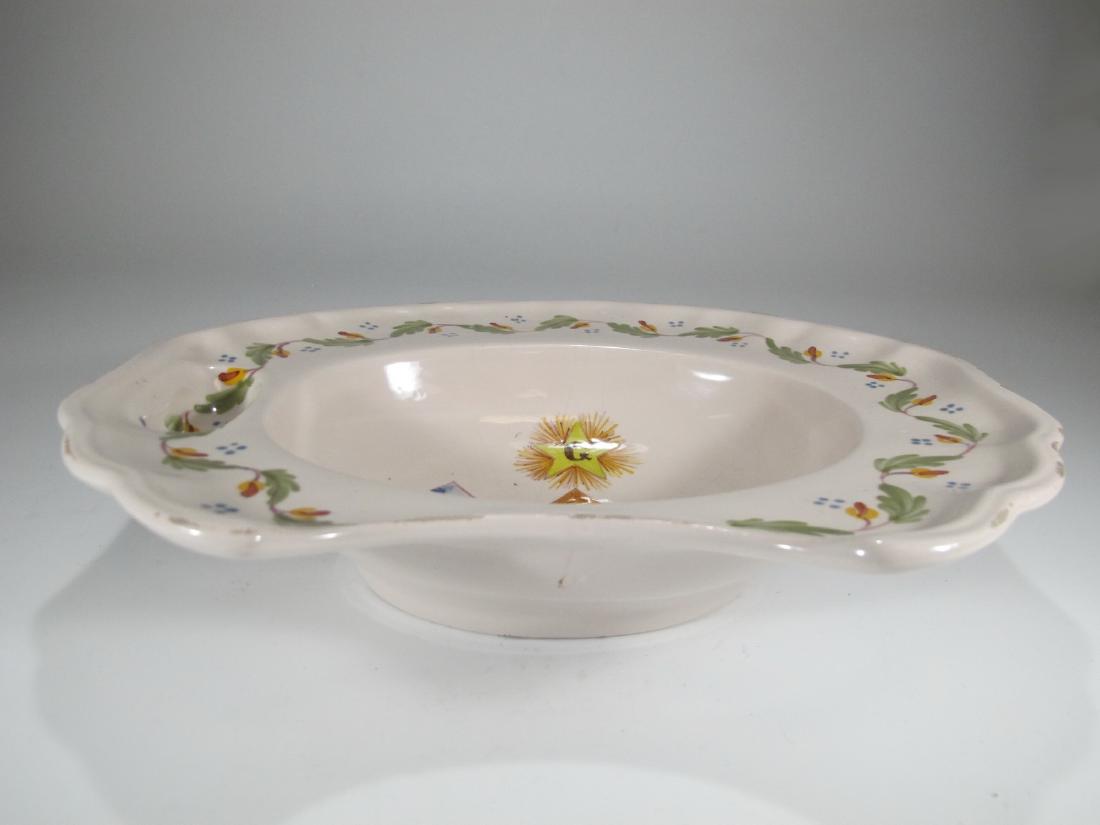 Antique earthenware shaving/barbers bowl: Antique earthenware shaving/barbers bowl with Masonic symbol. 2 5/8 in H x 11 1/4 in W x 9 1/4 in D. Shipping in USA or International please contact both UPS stores for quote: James Lawrence, UPS Stor