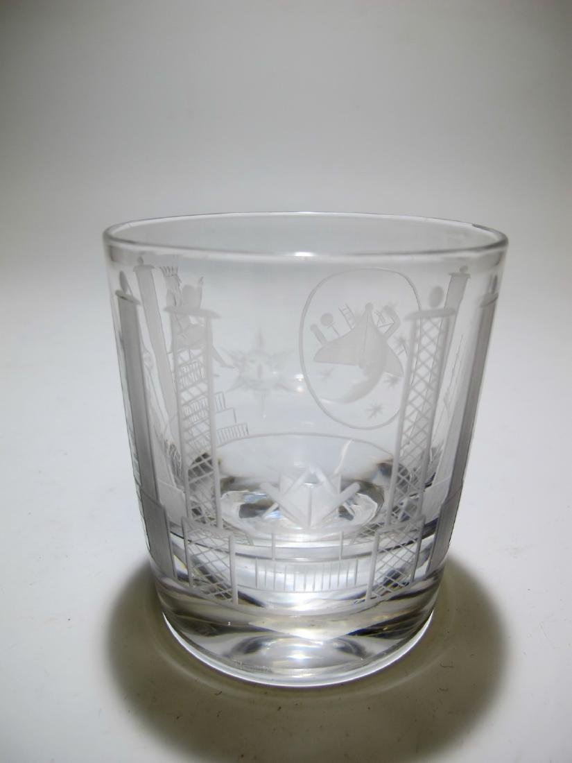Antique Masonic whiskey engraved glass: Antique Masonic whiskey engraved glass with Masonic symbols. 3 3/4 in H x 3 1/2 in W. Shipping in USA or International please contact both UPS stores for quote: James Lawrence, UPS Store 4356, 954-463