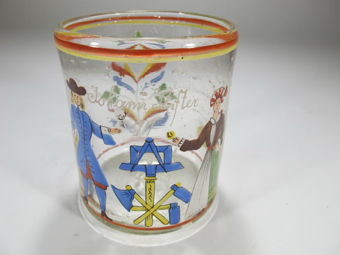 Antique Masonic German marriage painted glass.: Antique Masonic German marriage painted glass. 3 5/8 in H x 3 1/8 in W. Shipping in USA or International please contact both UPS stores for quote: James Lawrence, UPS Store 4356, 954-463-0444, Florida