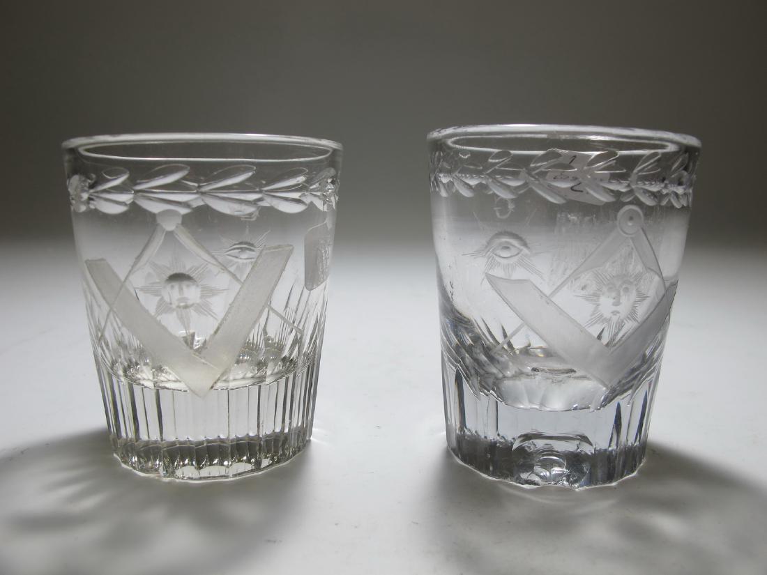 2 Victorian Masonic Firing glasses: 2 Victorian Masonic Firing glasses. 2 5/8 in H x 2 1/4 in W and 2 5/8 in H x 2 1/8 in W. Shipping in USA or International please contact both UPS stores for quote: James Lawrence, UPS Store 4356, 954-