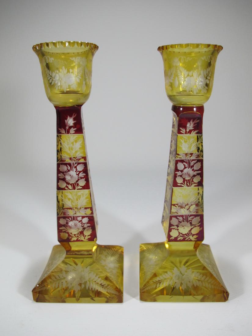 Antique bohemian pair of 2 colors carved glass (1 of 14)