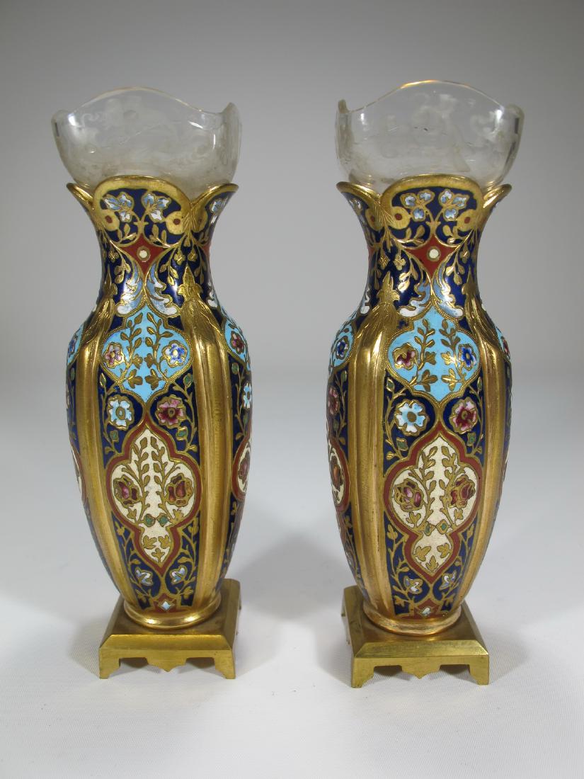 Antique pair of French bronze champleve and glass vases (1 of 8)