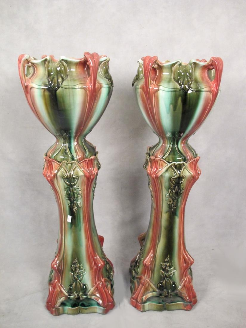 Pair of Continental majolica jardinieres with stand (1 of 8)