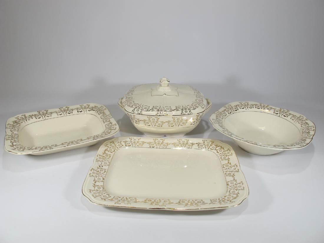 The Edwin M Knowles china company set: The Edwin M Knowles china company set. Tureen: 5 1/8 in h x 8 5/8 in W x 7 3/4 in D. Tray 1: 11 in W x 8 5/8 in D, Tray 2: 1 3/4 in h x 9 in W x 7 1/4 in D, Bowl: 2 1/4 in H x 8 3/8 in W x 8 3/8 in D.