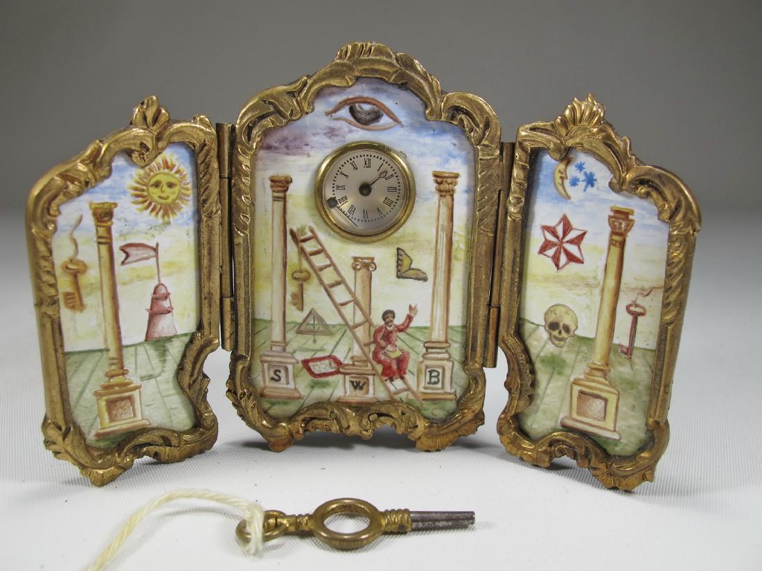 Masonic Triptych key wind table clock, c 1900. (1 of 6)