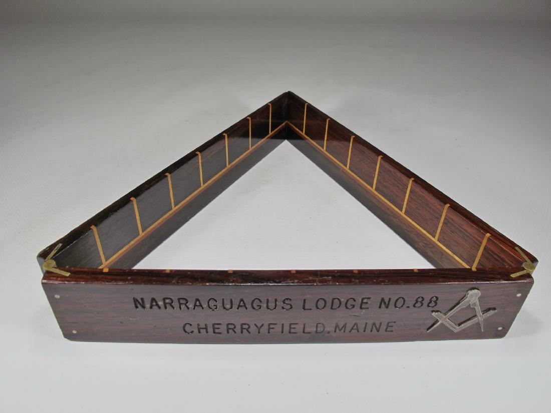 Wooden Masonic ruler: Wooden Masonic ruler with symbol. Carved Narraguagus Lodge No.88 Cherryfield, Maine. 8 in long x 1 1/2 in W x 7/8 in D closed, 23 3/4 in long opened. Shipping in USA or International please contact fo
