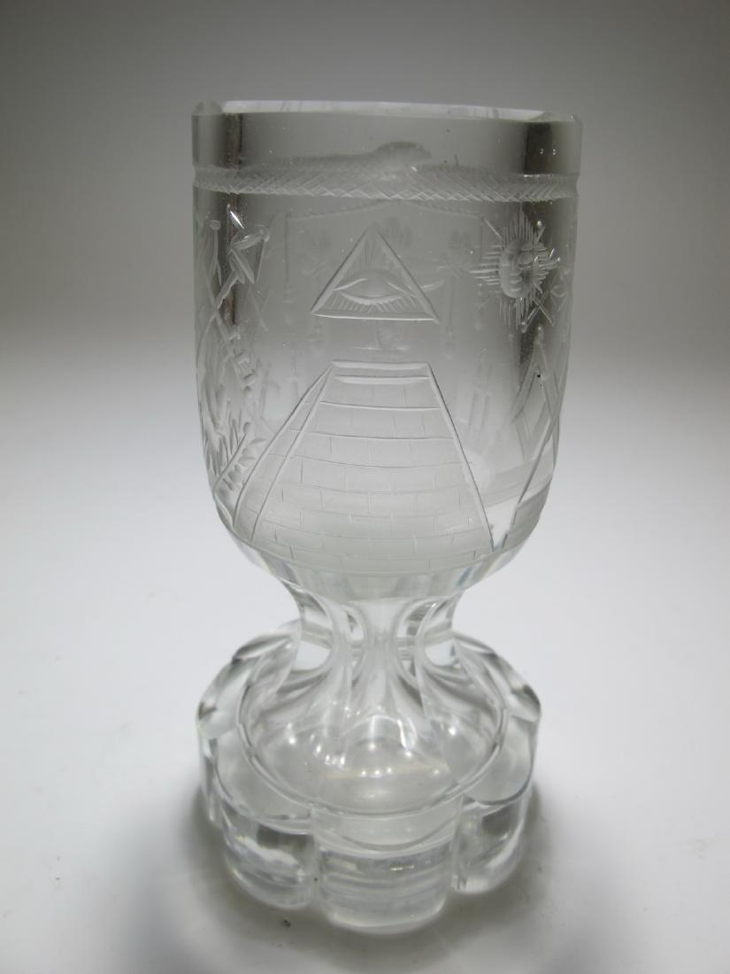 Antique Masonic Bohemian engraved heavy glass.: Antique Masonic Bohemian engraved heavy glass. 5 5/8 in H x 3 in W. Shipping in USA or International please contact both UPS stores for quote: James Lawrence, UPS Store 4356, 954-463-0444, FloridaUPS@