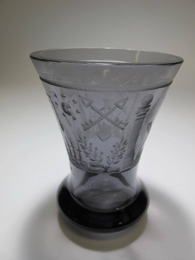 Antique Masonic Bohemian engraved grey flute cannon: Antique Masonic Bohemian engraved grey flute cannon. 5 3/4 in H x 4 in W. Shipping in USA or International please contact both UPS stores for quote: James Lawrence, UPS Store 4356, 954-463-0444, Flori