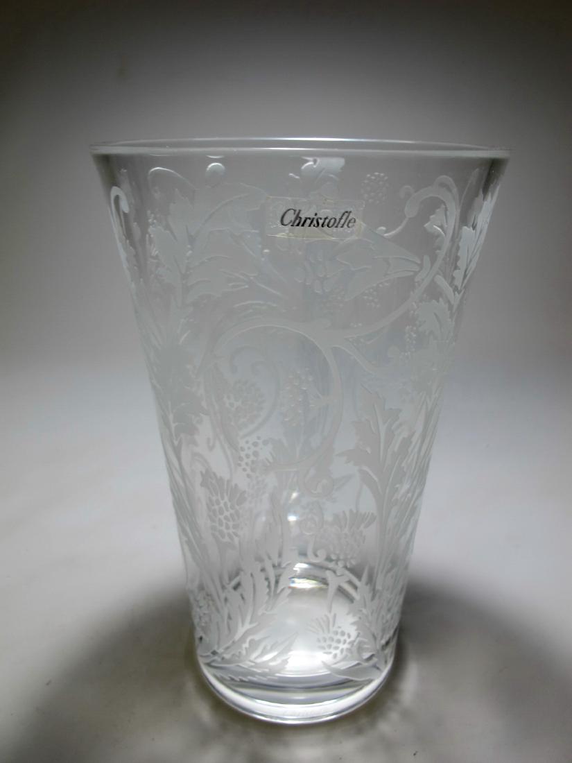 Vintage Christofle etched glass vase: Vintage Christofle etched glass vase. 7 3/4 in H x 4 7/8 in W. Shipping in USA or International please contact both UPS stores for quote: James Lawrence, UPS Store 4356, 954-463-0444, FloridaUPS@gmail