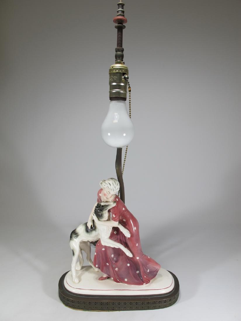 Goldscheider style lady & dog porcelain lamp (1 of 7)
