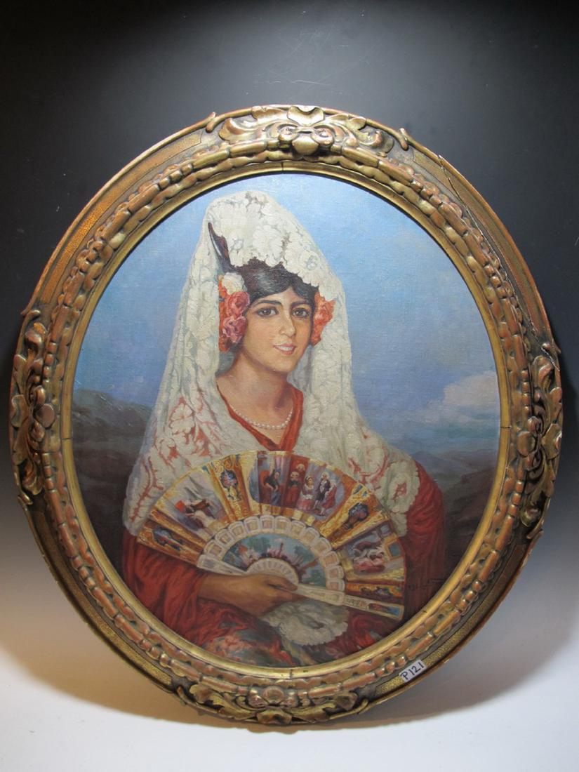 Antique Spanish oil on canvas painting, signed: Antique Spanish oil on canvas painting, illegible signature. 34 3/8â€ H x 30 1/4â€ W including frame, 27 3/4â€ H x 23 1/2â€ W without frame. Shipping in USA or International please contact