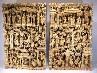 Antique Chinese pair of gilded & carved wood panels: Antique Chinese pair of gilded & carved wood panels. 30 1/4 in H x 19 1/2 in W x 3 1/8 in D. Shipping in USA or International please contact for quote: James Lawrence UPS Store 4356 - 954-463-0444 Flo