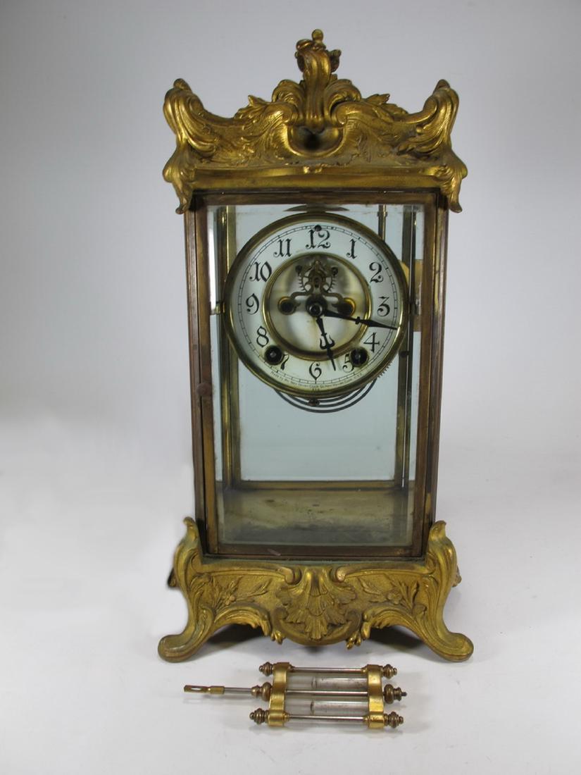Antique New Haven, USA gilt bronze & glass mantel clock (1 of 6)