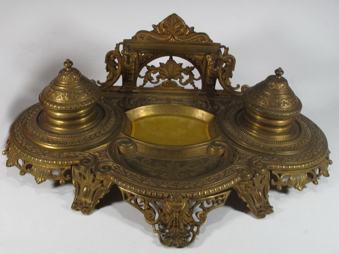 Antique French bronze & glass inkwell