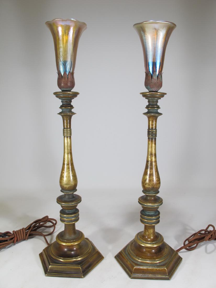 Tiffany & Co pair of bronze & iridescent glass lamps (1 of 7)