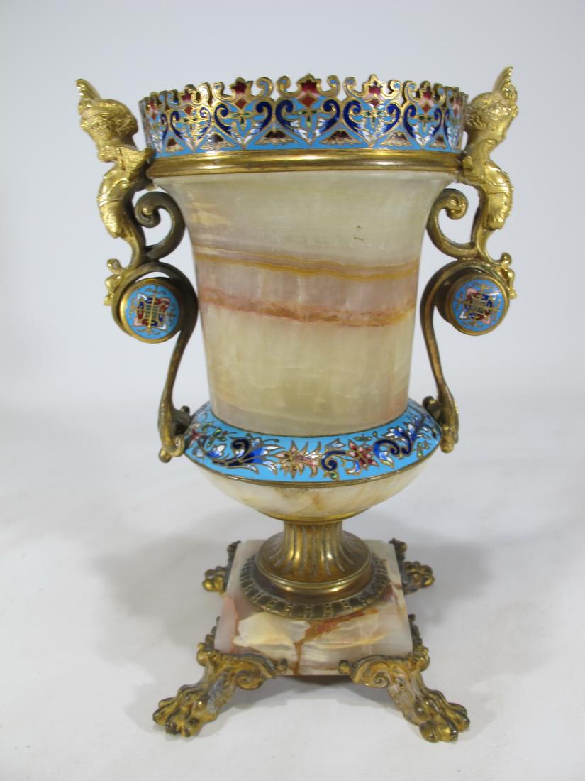 Antique French bronze champleve & onyx urn: Antique French bronze champleve & onyx urn. 10 3/4 in H x 6 7/8 in W x 5 1/4 in D. Shipping in USA or International please contact for quote both UPS stores: 1) : James Lawrence UPS Store 4356 - 954-4