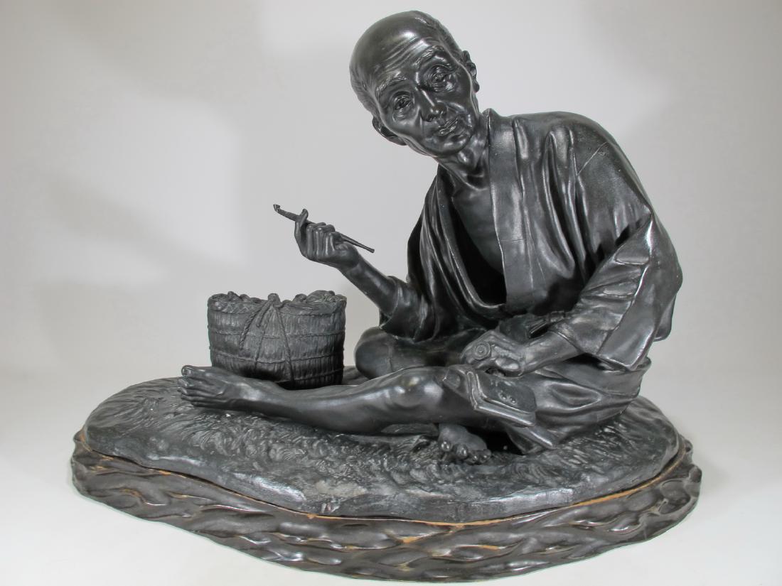 Antique Japanese bronze sculpture, signed: Antique Japanese bronze sculpture, signed and with a wood base. Sculpture: 17 3/8 in H x 24 3/4 in W x 13 7/8 in D. Base: 2 in H x 27 in W x 15 in D. Shipping in USA or International please contact fo
