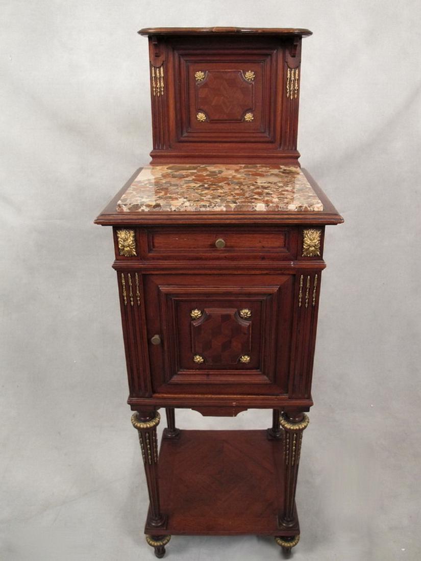 Antique French table with inside porcelain: Antique French table with inside porcelain, gilt bronze details and a marble top. 47 in H total (36 1/4 in H just the table) x 16 1/8 in W x 15 3/8 in D. Shipping in USA or International please contac