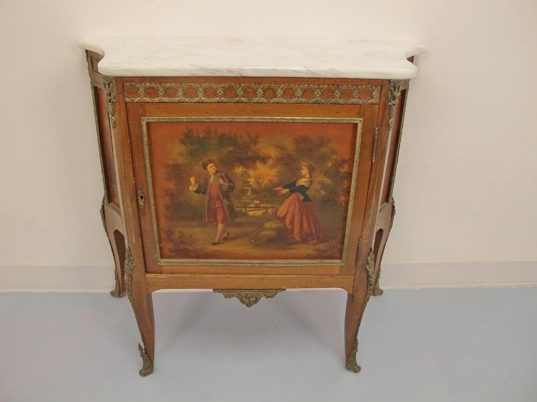 Antique French Vernis Martin style marble top cabinet: Antique French Vernis Martin style marble top cabinet. 30 5/8 in h x 32 3/4 in W x 13 3/4 in D. Shipping in USA or International please contact for quote both UPS stores: 1) : James Lawrence UPS Store