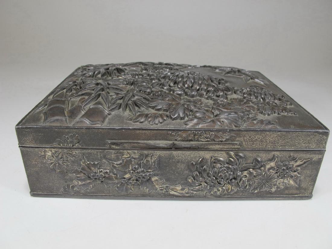 Antique Chinese silverplated spelter cigar box: Antique Chinese silverplated spelter cigar box. 2 1/2 in H x 7 3/16 in W x 5 3/8 in D. Shipping in USA or International please contact for quote both UPS stores: 1) : James Lawrence UPS Store 4356 - 9