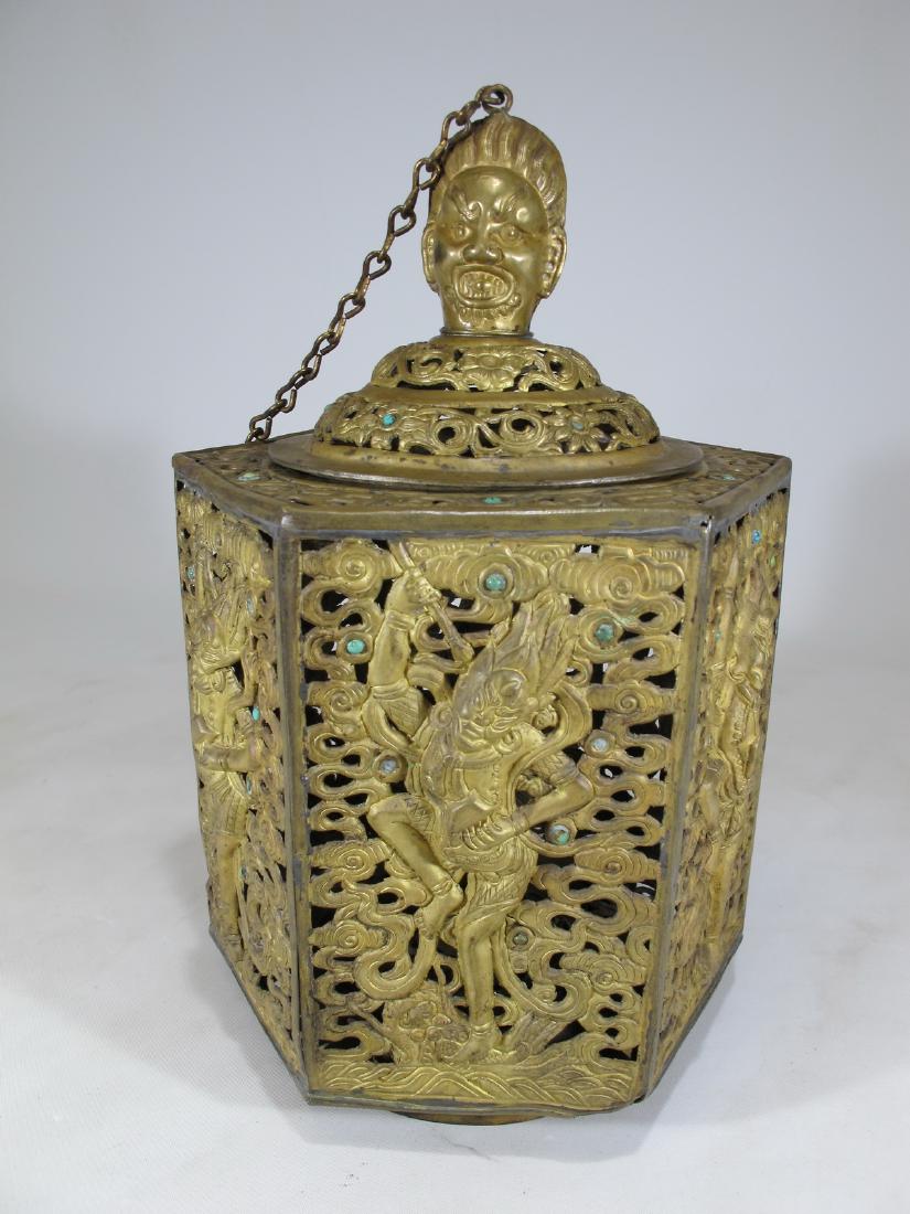 Antique Thai brass hanging lamp: Antique Thai brass hanging lamp. 12 1/2 in H x 8 in W not including the chain. 25 in H including the chain. Shipping in USA or International please contact for quote both UPS stores: 1) : James Lawren