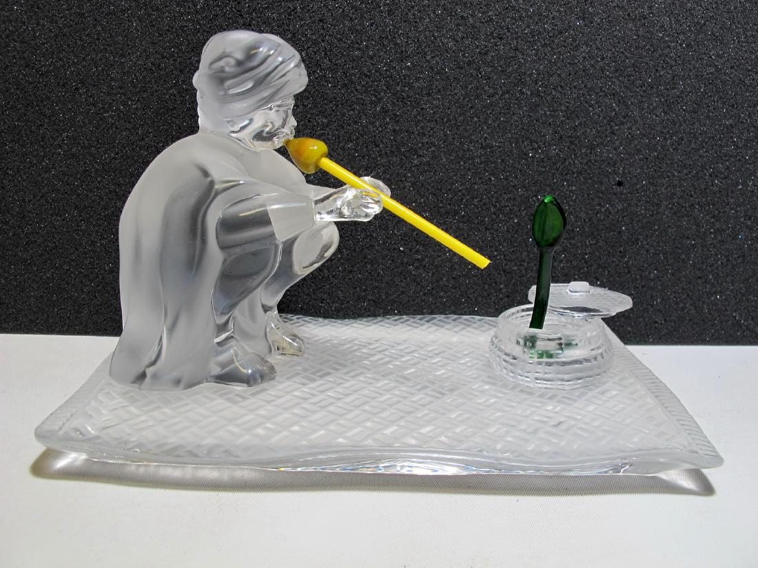 St Louis Crystal Orientalist crystal frosted sculpture: St Louis Orientalist crystal frosted sculpture, signed. Tray: 6 7/8 in H x 3 7/8 in W. Man: 3 3/4 in H x 2 5/8 in W x 4 1/4 in D. Snake: 2 1/8 in H x 2 in W x 1 1/2 in D. Shipping in USA or Internatio