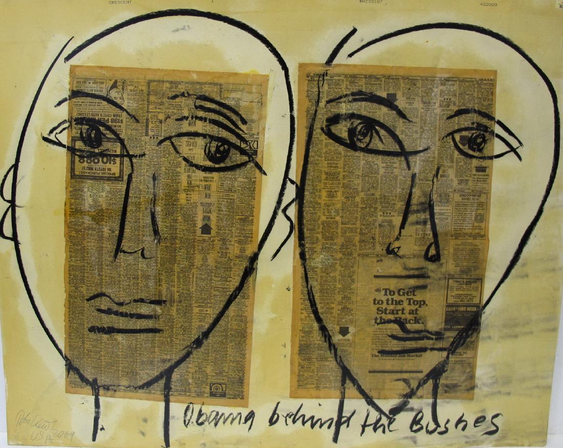 Peter Robert KEIL (1942) German artist painting: Peter Robert KEIL (1942) German artist painting, dated 2009, titled: Obama behind the Bushes. 32 1/8 in H x 40 1/8 in W. Shipping in USA or International please contact for quote both UPS stores: 1) :