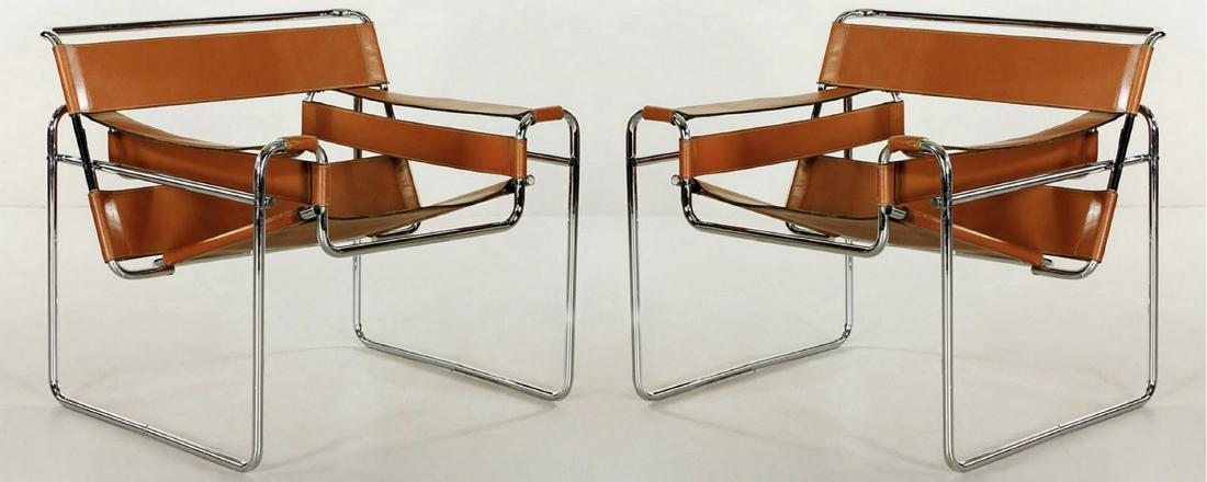 1970' Marcel Breuer pair of chrome metal & leather: 1970' Marcel Breuer pair of chrome metal & leather armchairs. 28 3/4” H x 29 1/2” W x 27 1/8” D. Shipping in USA or International please contact for quote both UPS stores: 1) : James Lawrence UP