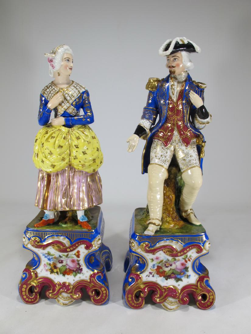 Antique French pair of porcelain statues: Antique French pair of porcelain statues. 16 in H x 5 1/2 in W x 5 1/2 in D and 15 3/8 in H x 5 1/2 in W x 5 1/2 in D. Shipping in USA or International please contact for quote both UPS stores: 1) : J