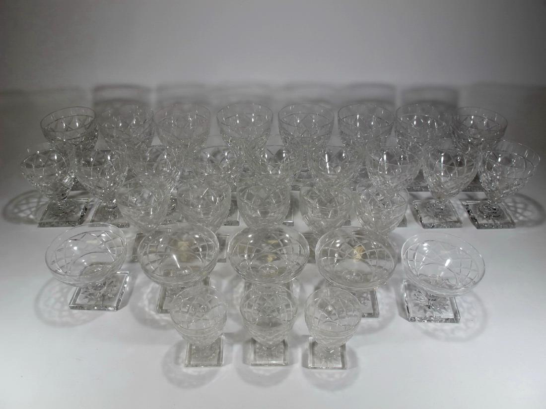 Vintage European set of 30 pcs crystal glasses: Vintage European set of 30 pcs crystal glasses. 8 water, 9 red wine, 5 wite wine, 5 chanpagne & 3 liquor. Shipping in USA or International please contact for quote both UPS stores: 1) : David Reiser U