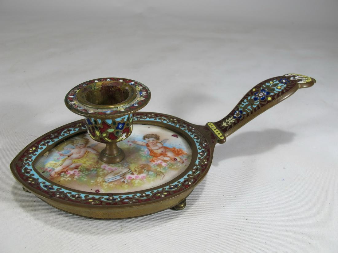 Antique French bronze champleve & porcelain candlestick (1 of 8)
