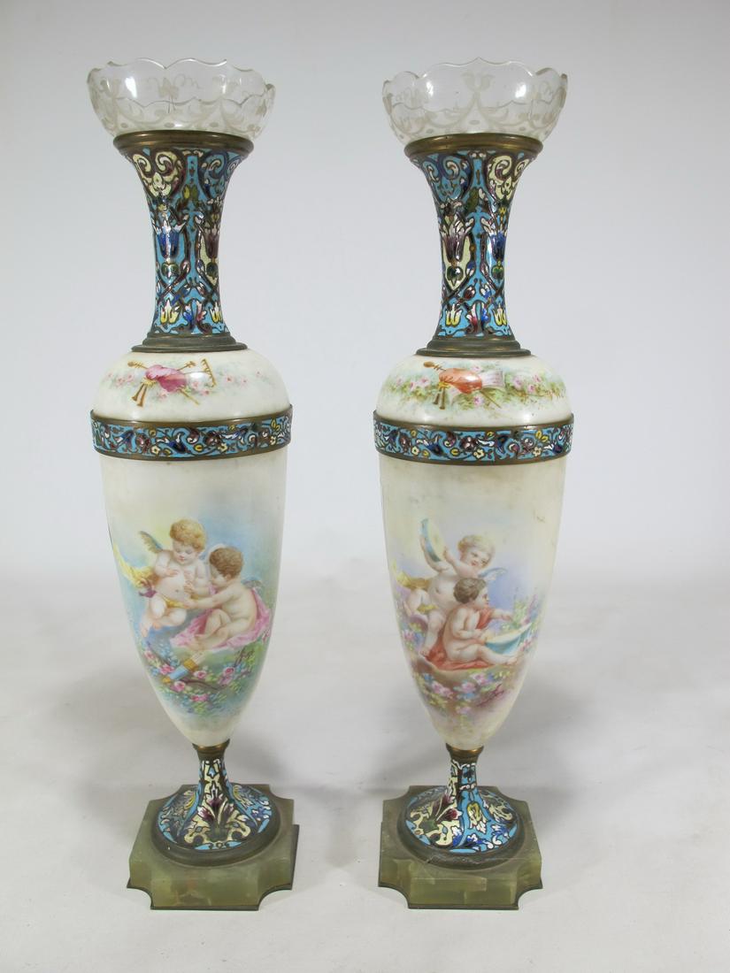 Antique French pair of bronze champleve, glass & (1 of 14)