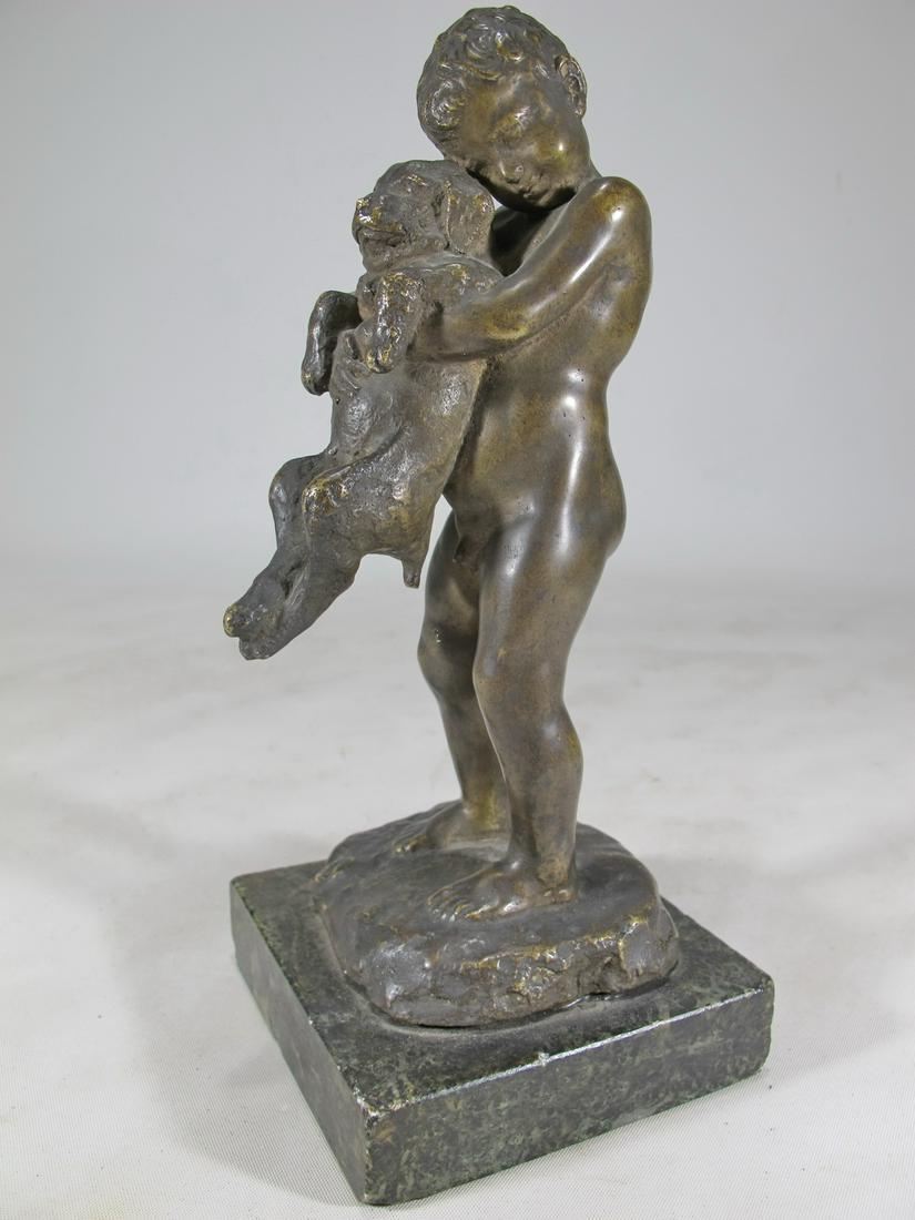 Antique naked boy & dog bronze sculpture, signed (1 of 6)