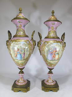 19th C French Sevres pair of porcelain & bronze urns: 19th C French Sevres pair of porcelain & bronze urns with hand paintings by T. LABAST. 29 in H x 10 in W x 8 1/8 in D. Shipping in USA or International please contact for quote both UPS stores: 1) : D